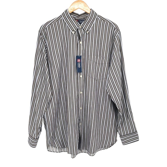 Chaps Other - New CHAPS Button-Down Mens Large 100% Cotton Long Sleeve Grey Blue White Stripes